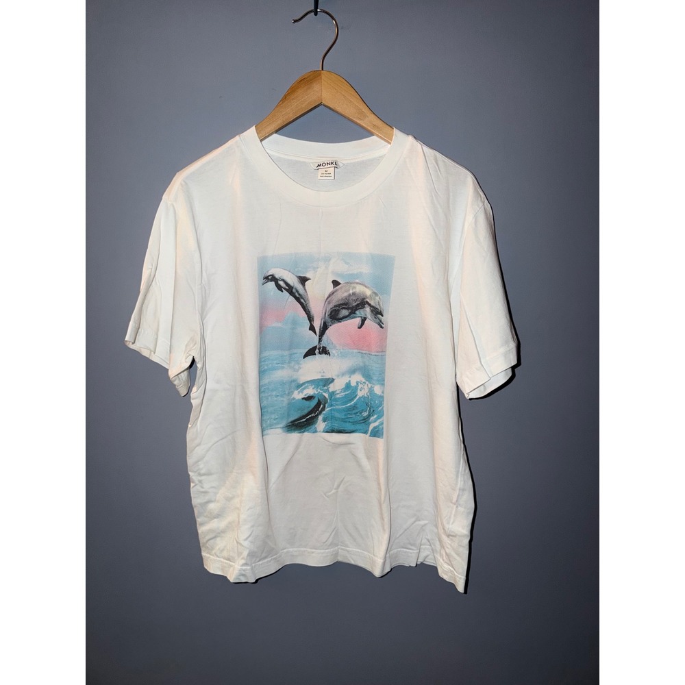 Monki‎ White Dolphin Ocean Graphic Print T-Shirt Mens Medium Relaxed Crewneck